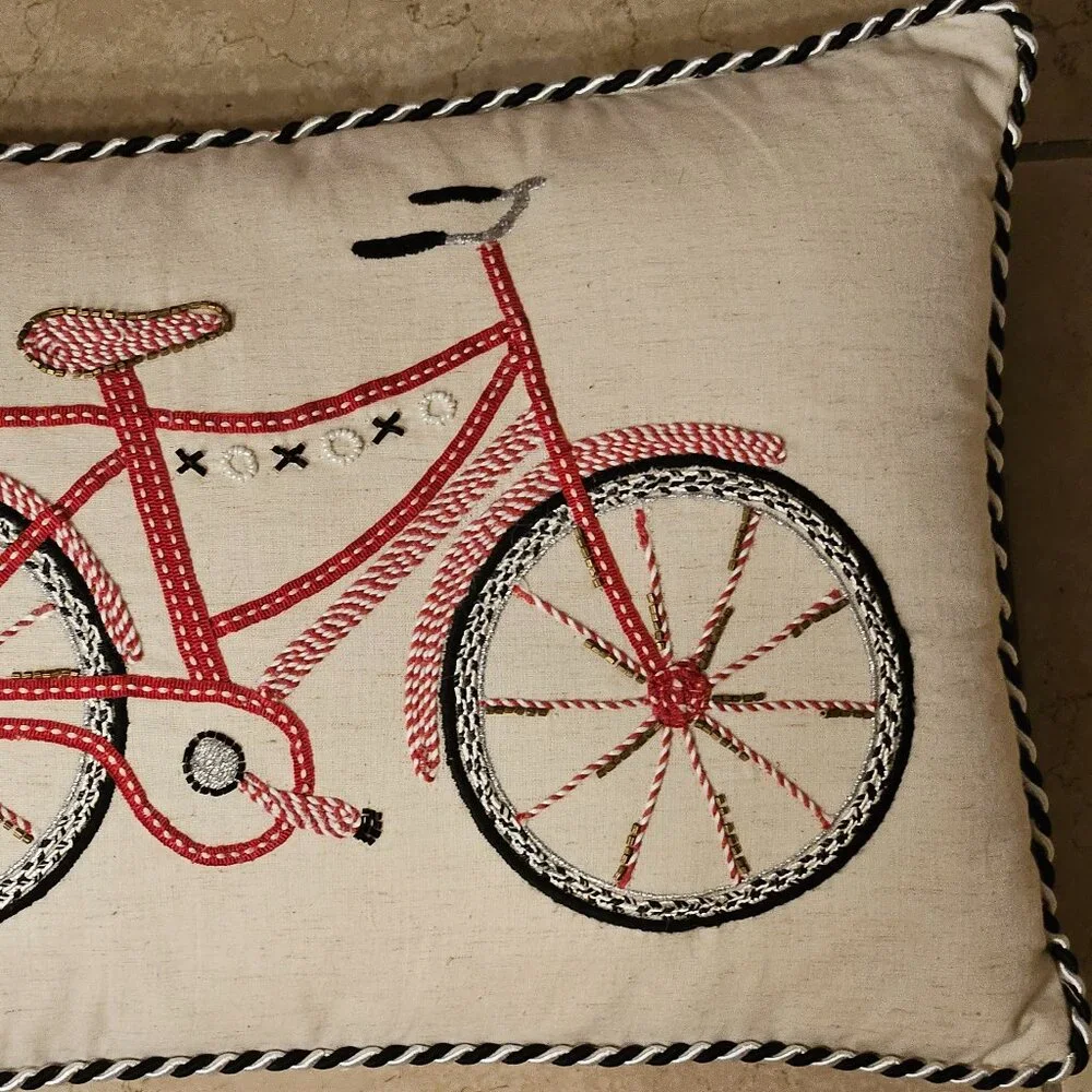 RARE MACKENZIE CHILDS BICYCLE LOVE COURTLY CHECK COTTON THROW ACCENT PILLOW